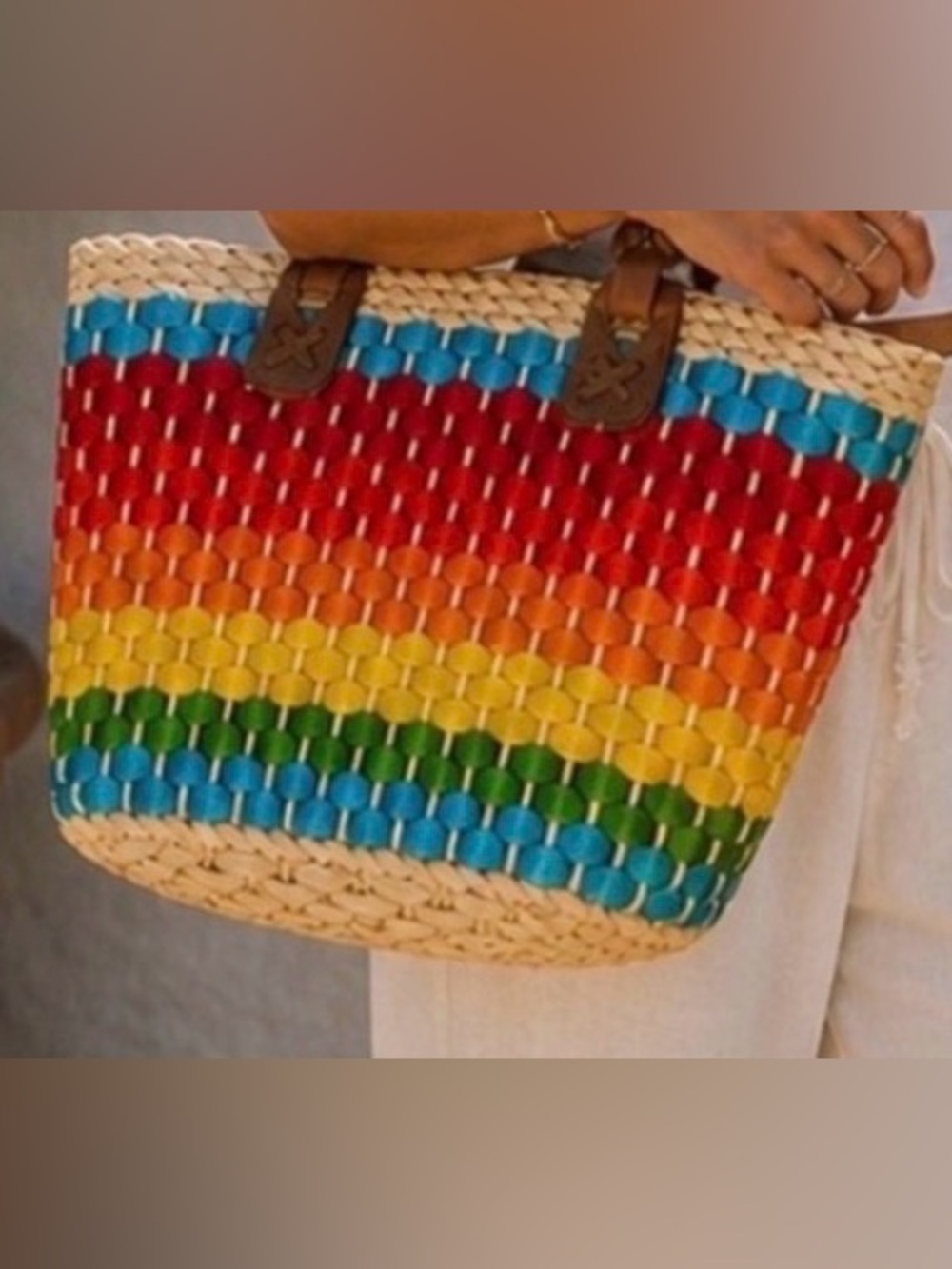 Rainbow Raw Woven Straw Tote
Basket with Leather Handles